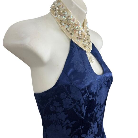 Maurices Vintage Navy Satin Floral Beaded Choker Halter 90s Y2K Prom Dress sz XS - Picture 4 of 15